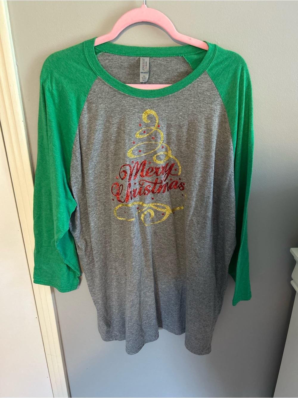 Green & Gray Raglan Christmas Tee - Merry Christmas Glitter - Picture 1 of 3